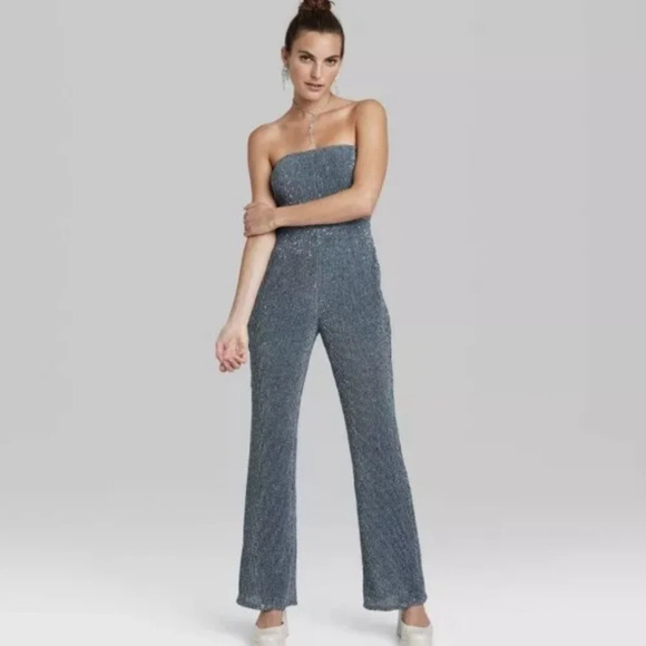 Wild Fable Strapless Tube Jumpsuit, Silver Sequined Dark Blue - Picture 1 of 14